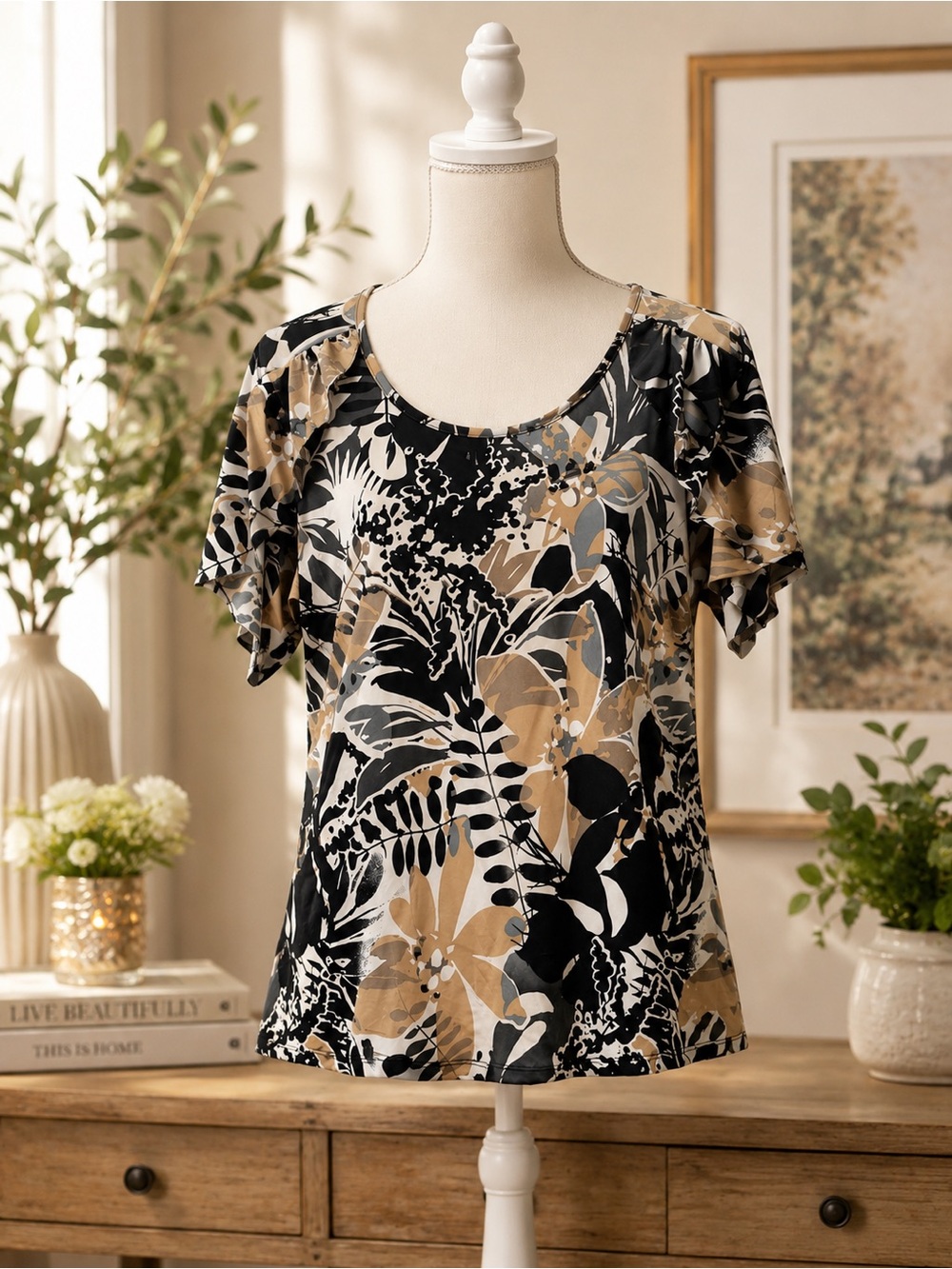 Christopher & Banks Floral Tropical Print Flutter Sleeve Blouse Large